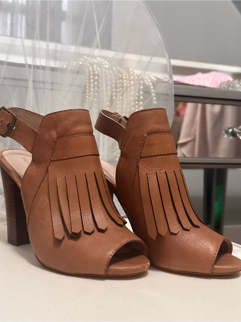 Pour La Victoire Tan Leather Fringe Block Heel Sandals